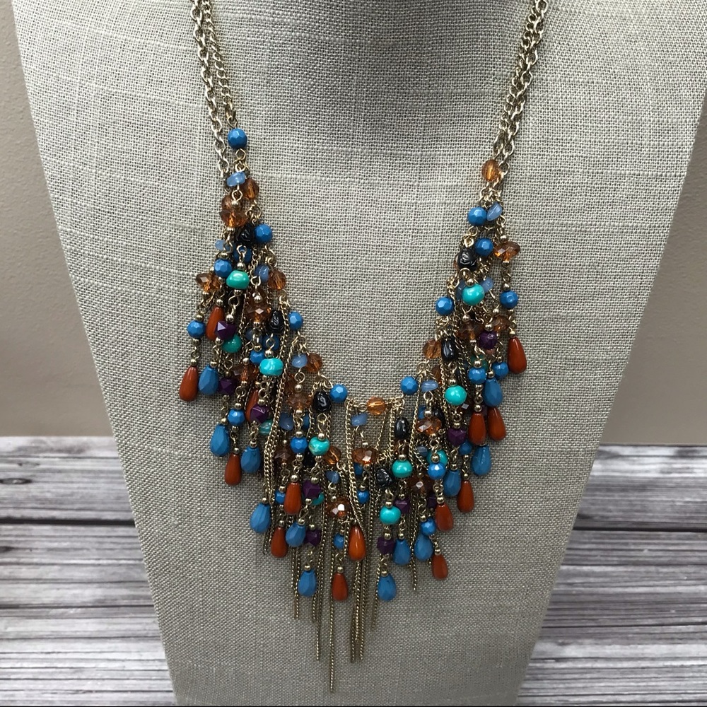 Earth tone beaded fringe necklace
